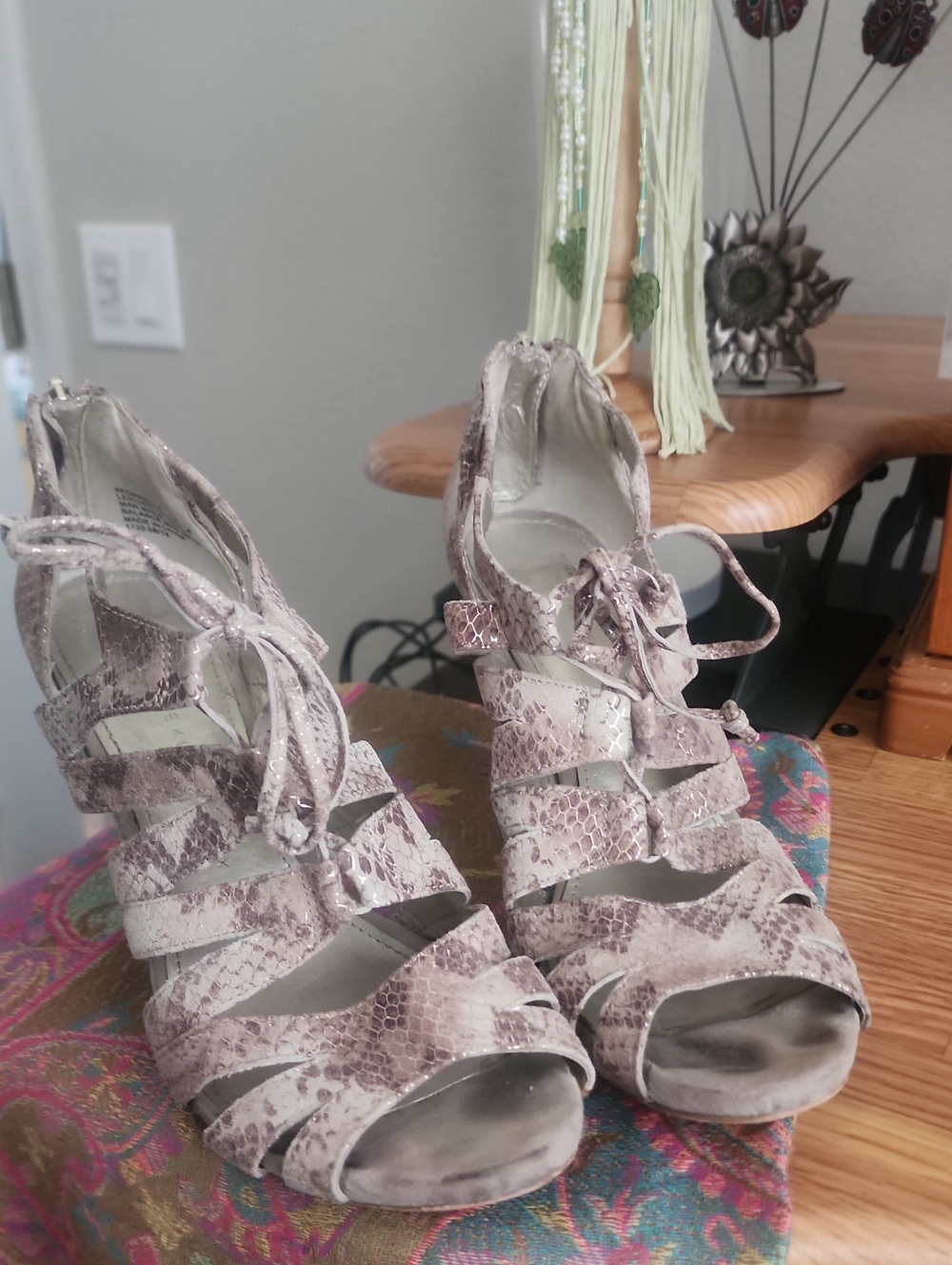 Anne Klein Taupe Snakeskin Lace-Up Peep-Toe Heels